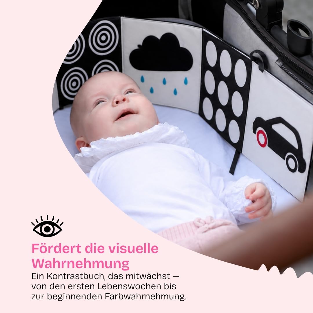 Jolly Designs Black & White Jumbo – Kontrastbuch ab Geburt, Schwarz-Weiß-Buch für Babys, 10 Seiten mit starken Kontrasten & Farbakzenten, Stoffbuch für visuelle Wahrnehmung, 20 × 20 cm