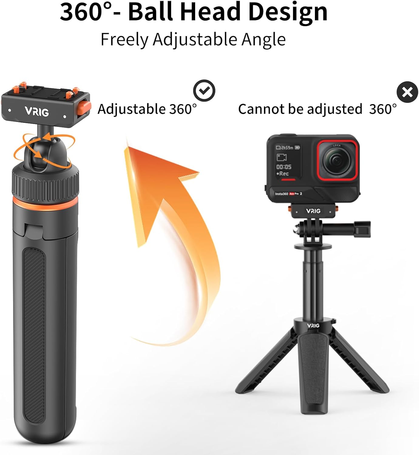 VRIG 15.9" X5 Extended Mini Camera Tripod for Insta360 Ace Pro2,360 Portable Magnetic Quick Release Selfie Sticks Handle Grip Vlog Monopod for Insta360 X5/X4/Ace Pro2 Accessories