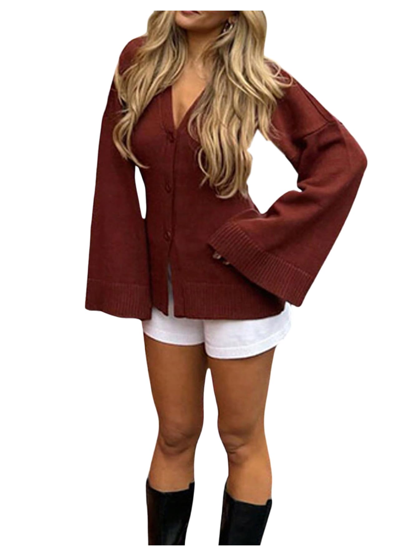 Milumia Womens Long Bell Sleeve Cardigan Cinched Waist Sweater V Neck Button Down Fall Knit Sweaters