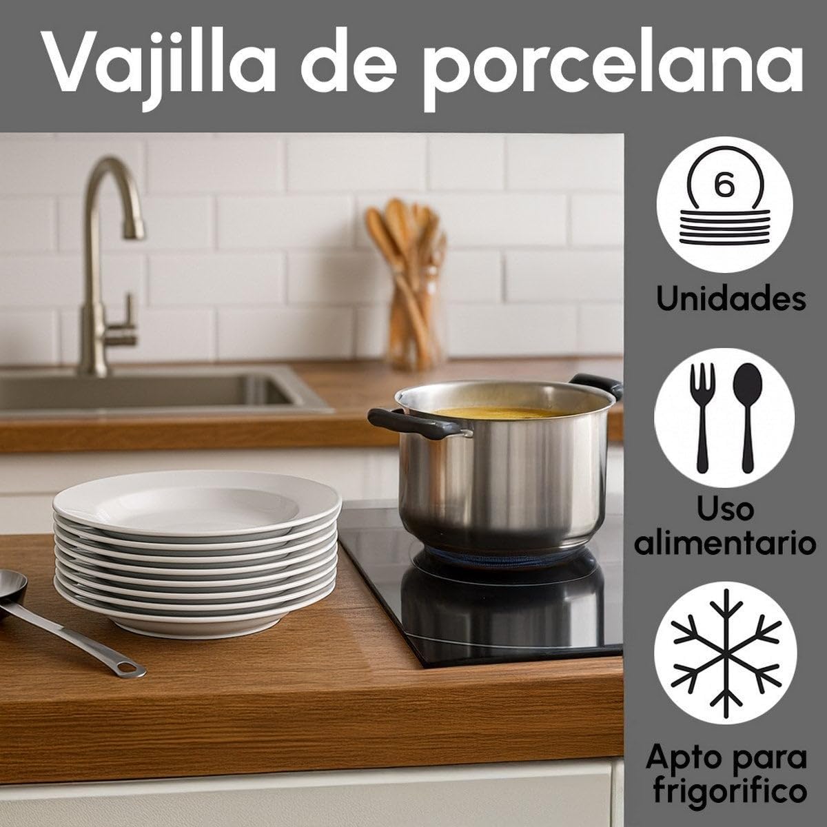LOLAhome Juego de 12 platos hondos redondos blancos de porcelana de 21 cm. Configura tu vajilla completa moderna para 12 personas a tu gusto