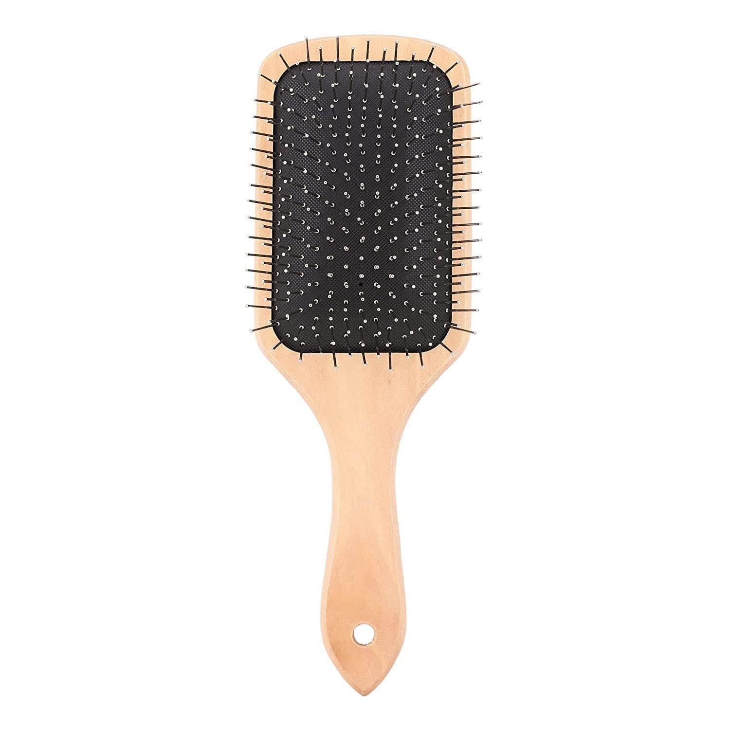 Metal Pin Bristle Hair Brush - Detangling, Anti-Static Paddle Grooming Tool - Rounded Steel Bristles, Ergonomic Wooden Handle - Scalp Massaging Comb - For Normal, Curly, Thick Hair, Wigs-image-17