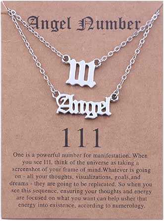 Angel Number Pendant Necklace Layered Silver Gold Chain Y Necklace Meaningful Wish Card 000 1111 111 222 333 444 555 666 777 888 999 Numerology Lucky BFF Friendship Jewelry for Women Girls