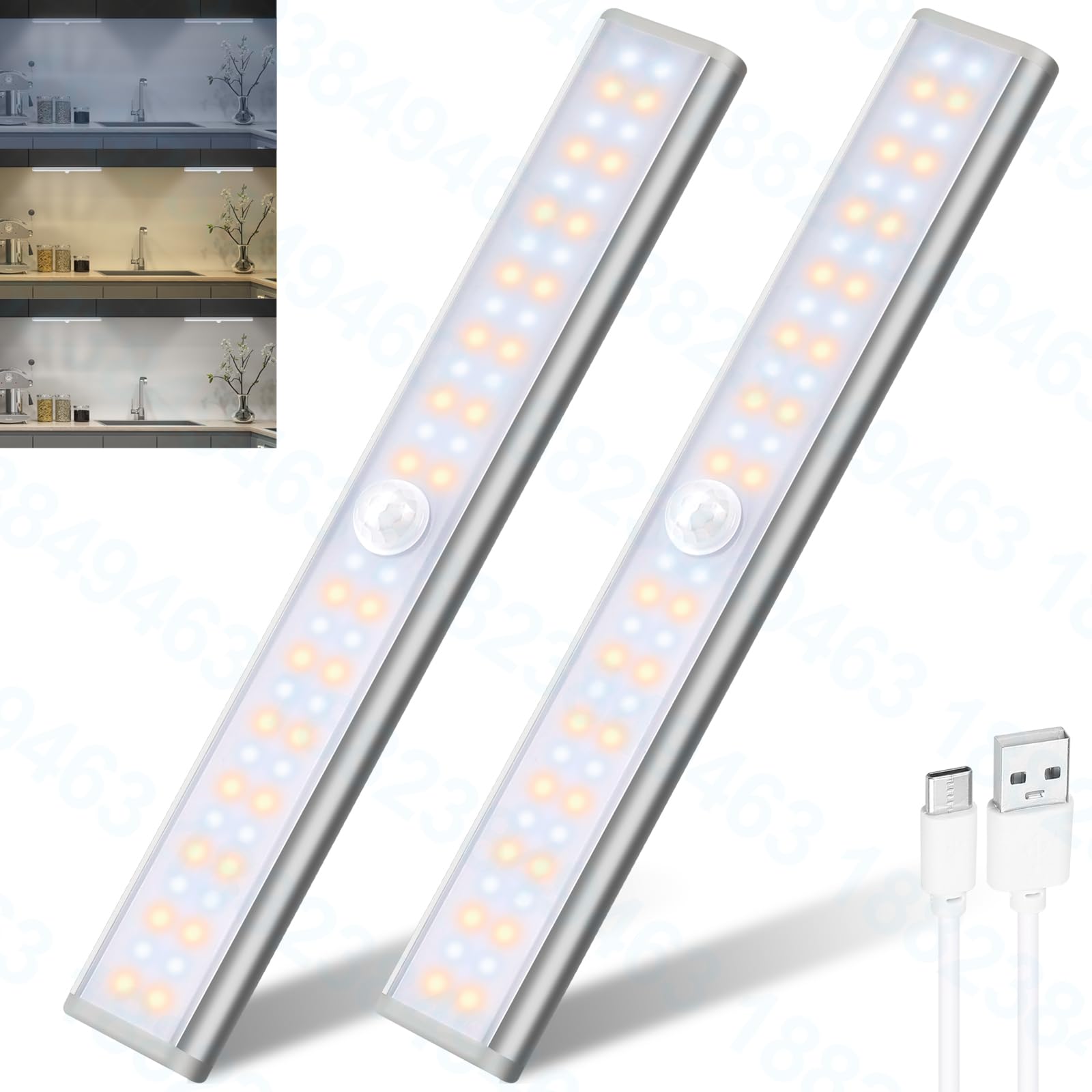 DFGOTOP Luce Armadio LED con Sensore Movimento, Luci 56 LED Cucina Sottopensile Senza Fili, Barra Lampada Magnetica Ricaricabile USB, 3 colori 4 modalità Luminosità Gratuita 20CM 2 Pezzi