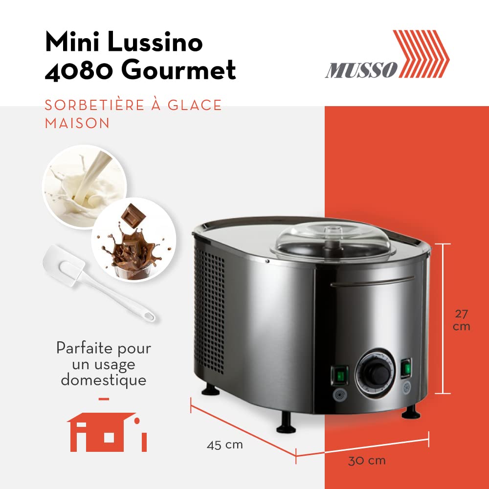 Musso Mini Lussino 4080 Gourmet Sorbetière & Deux Arômes & Spatule en Silicone | Turbine à Glace Italienne pour la Maison | Glace Végane, Gelato, Sorbet, Granita Machine | Robuste & Facile à Utiliser