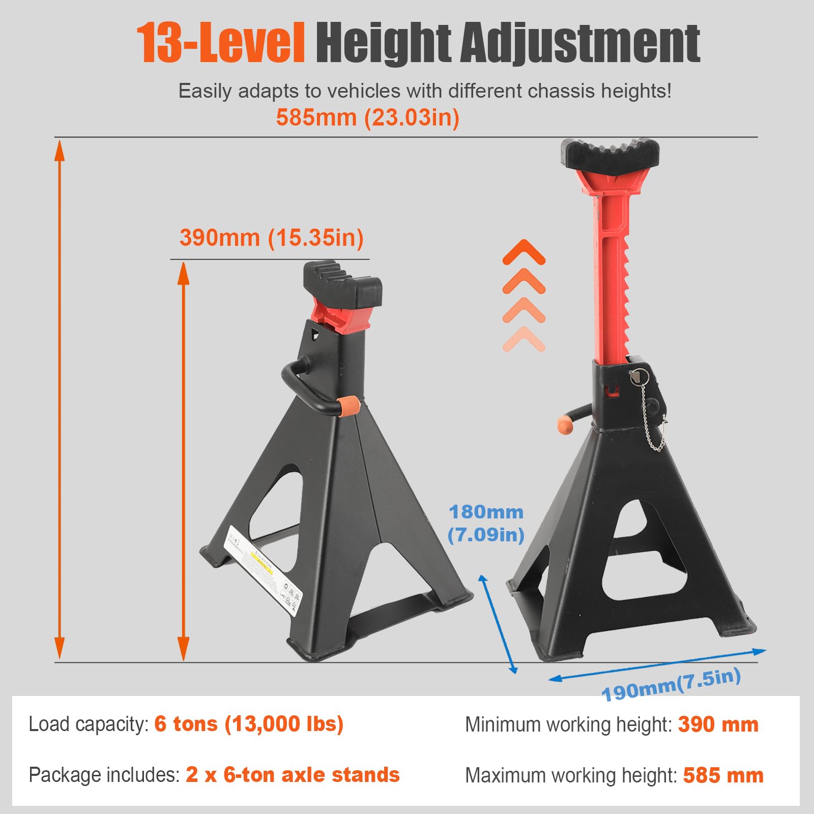 Cavaletti Auto treppiedi a cremagliera, Cavalletti Auto 6T Set da 2 Pezz, Altezza di Sollevamento 390–585mm, Jackstand Coppia Cavalletti con Protezione in Gomma