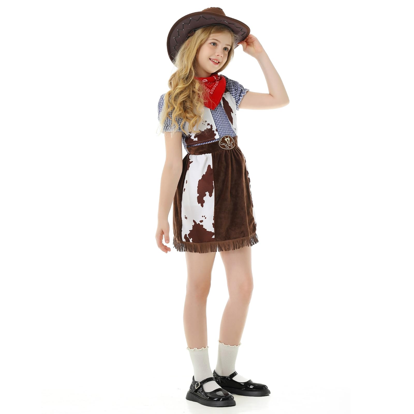 maxToonrain Cowgirl Costume for Girls Funny Holiday Princess Halloween Christmas Party Cowgirl Fancy Dress Outfit (Brown Vest and Blue Grid - Image 4