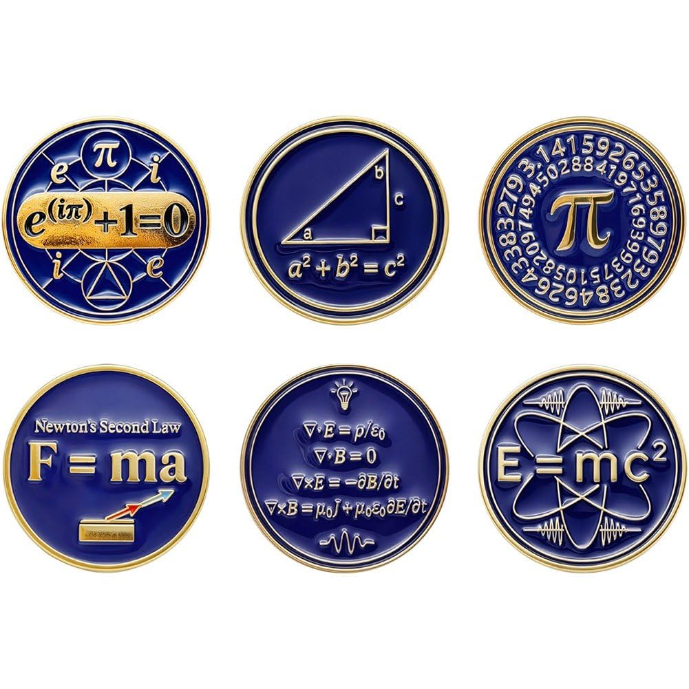 Sslvya 6 Pcs Math Formula Lapel Pins Round Metal Brooches Pin Novelty Physics Math Equations Decorative Badge for Backpack Clothing