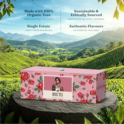 Image of Dorje Teas Rose Darjeeling Tea | 30 Pyramid Teabags (Pack of 1) | Selim Hill Estate | Delicate Floral Rose Flavour | Promotes Sleep & Stress Relief | Organic Whole Leaf Blend | 30 Cups
