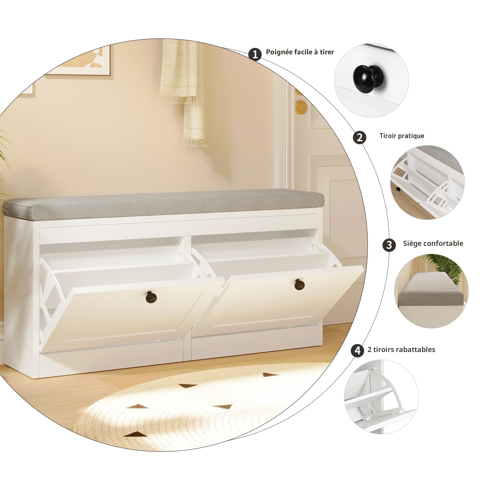 VOWNER Meuble Chaussures, Banc de Rangement à Chaussures, avec Coussin Confortable, Meuble d'entrée Rangement pour Chaussures, 106 x 31 x 52 cm, Séparateurs Réglables (Blanc)