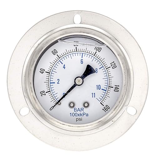 PIC Gauges 204L-404F Manómetro de presión relleno de glicerina con brida frontal con carcasa SSbisel, internos de latón, lente de PC, esfera de 4",