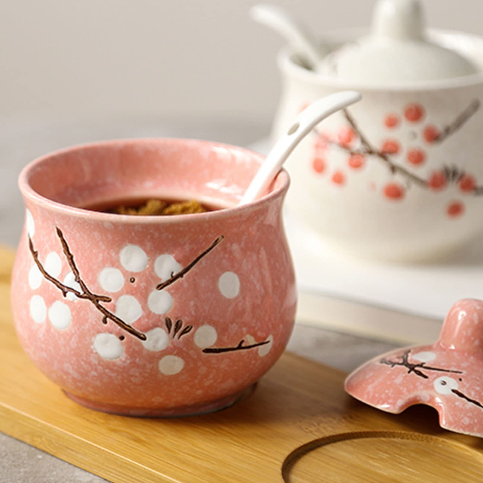 Sucrier en Fleur De Prunier De Style Chinois avec Couvercle Et Cuillère, Pot À Sucre en Céramique, Pot À Épices pour Récipient À Sucre, Pot À Sel, Boîte À Assaisonnement
