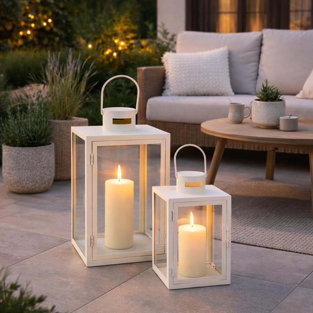 Mojawo Set di 2 lanterne da giardino XXL, lanterne in metallo, decorazione per esterni, in metallo, bianco crema, ca. 30/41 cm