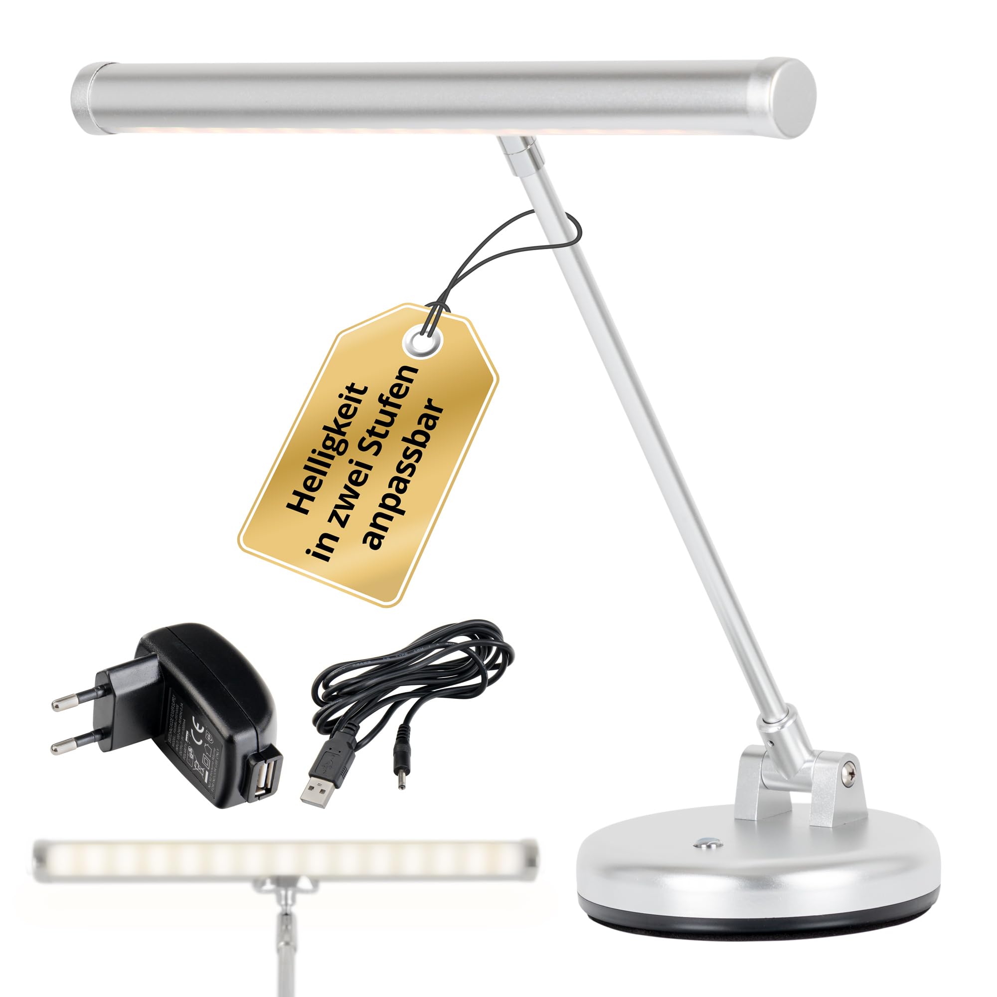 Showlite PL-1-SL-KW LED Klavierleuchte - Klavierlampe mit 15 LEDs - warmweißes Licht in 2 Stufen - 36 cm Höhe - Betrieb per USB, Netzstrom oder Batterie - silber matt