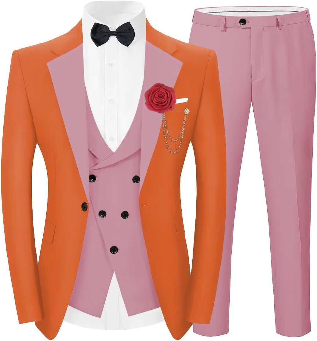 Tuxedo 3 Piece Men's Suit Slim Fit Blazer Jacket Vest Pants Set for Prom Formal One Button Tux Suits