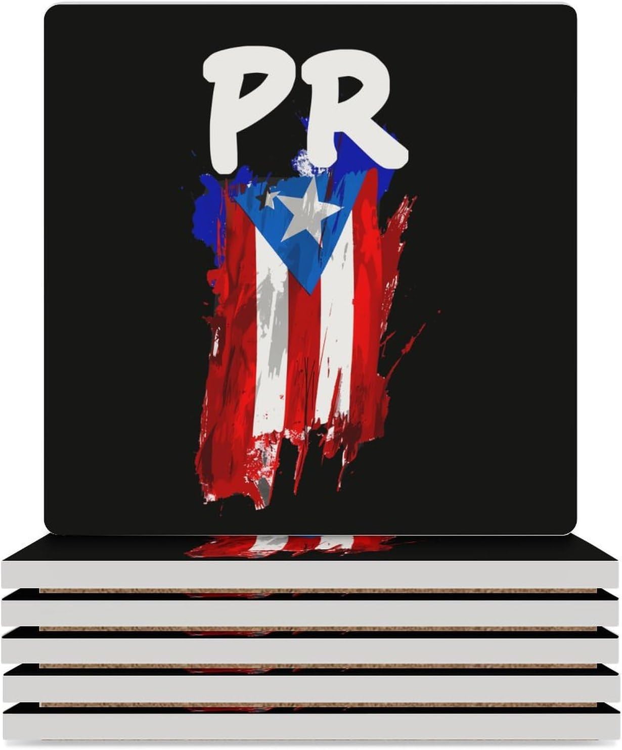 Puerto Flag PR Puerto Boricua Coaster for Drinks Square Ceramic Table Coasters Stone Mat Crafts 4PCS Home Kitchen Decor