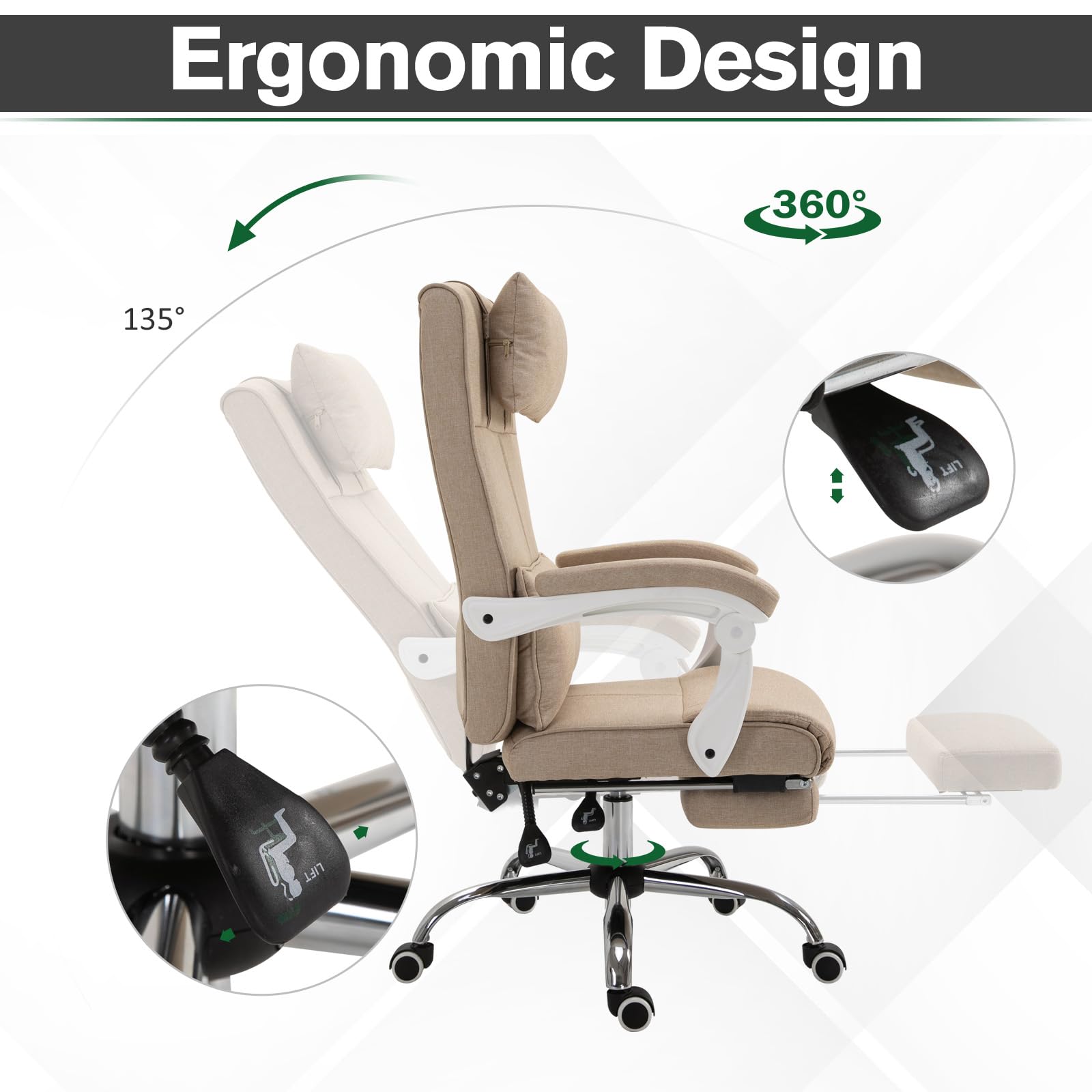 HOMCOM Silla de Oficina, Silla de Oficina, ergonómica con reposapiés retráctil, Respaldo reclinable, tetina y Soporte Lumbar, Regulable en Altura, Tela Beige