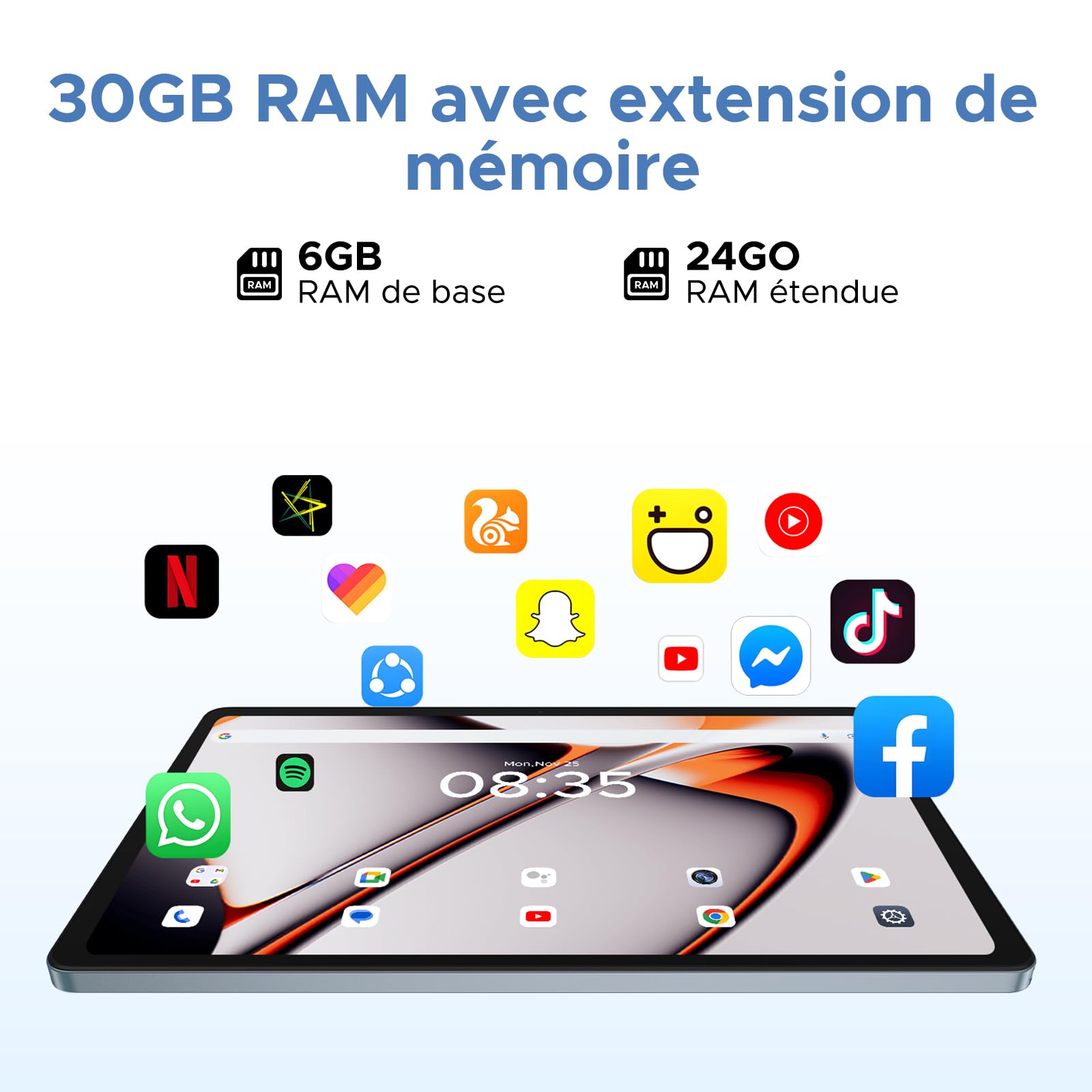 U11 Pro Tablette Android 16, Tablette 11 Pouces, 30GB RAM+256GB ROM/TF 2TB, Batterie 8580mAh, Octa-Core T7200 90Hz,13MP Caméra, Tablette Tactile 1080P/5G WiFi/OTG/Face ID
