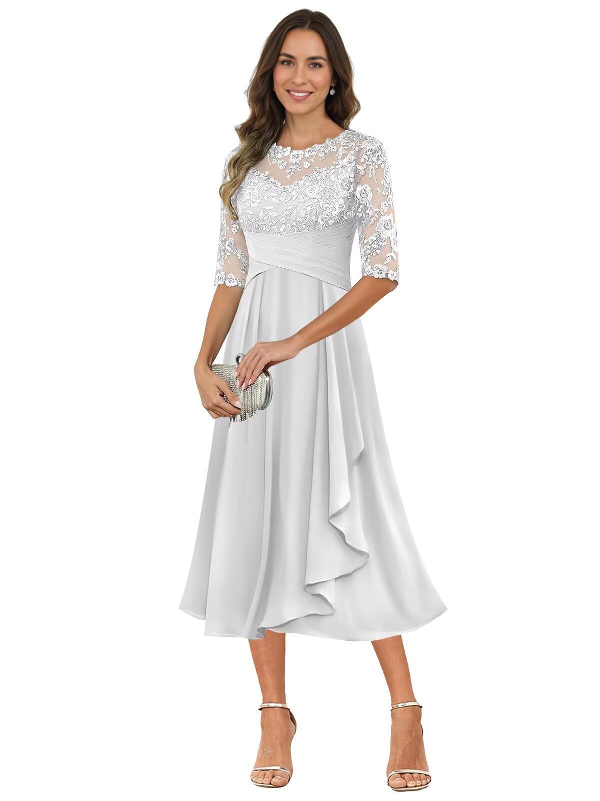 Chiffon Mother of The Bride Dresses - Tea Length Half Sleeve Ruffles Formal Wedding Guest Dress for Women