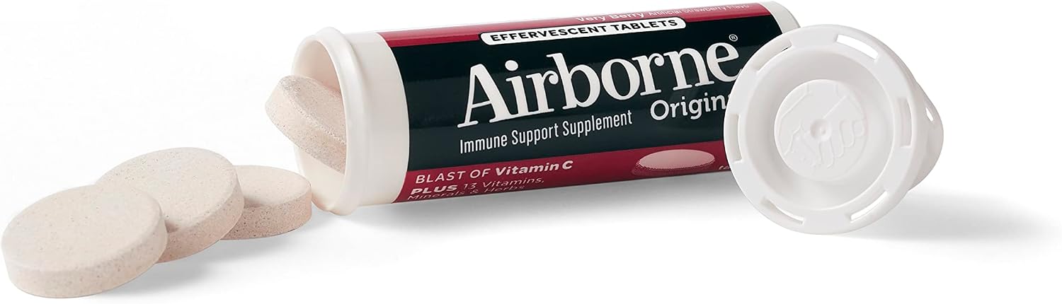Airborne 1000mg Vitamin C with Zinc, SUGAR FREE Effervescent Tablets, Immune Support Supplement with Powerful Antioxidants Vitamins A C & E - 30 Fizzy Drink Tablets, Very Berry Flavor