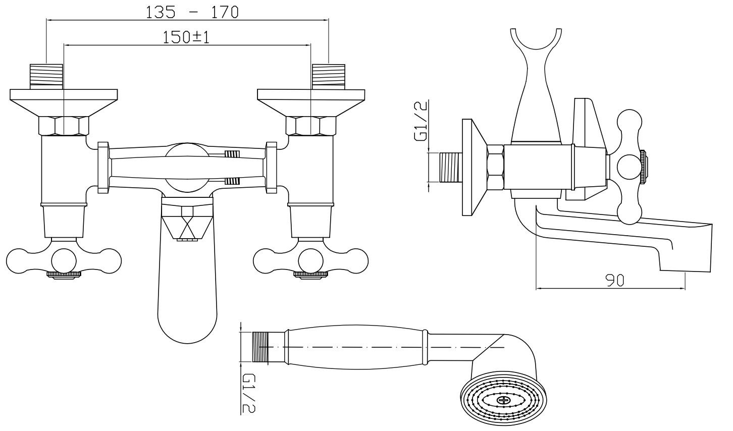 Jefe Tradicional Cross Chrome Bath Filler Mezclador de la Ducha + Soporte de Pared