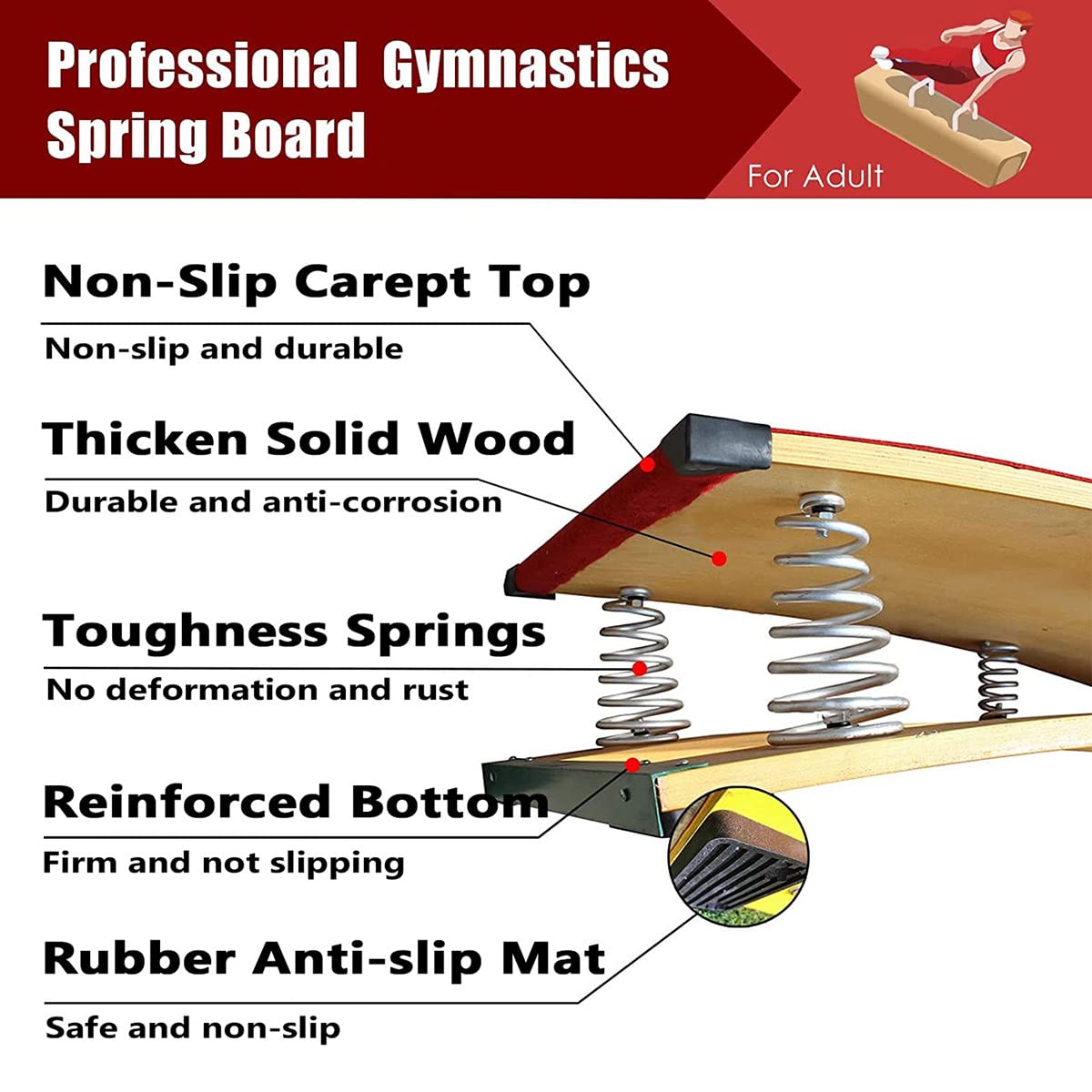 DOZPAL Junior Gymnastics Springboard, Springboard Take-Off Board Elastic Board Spring Pedal Training Gymnastics Martial Arts Booster Equipment,6springs