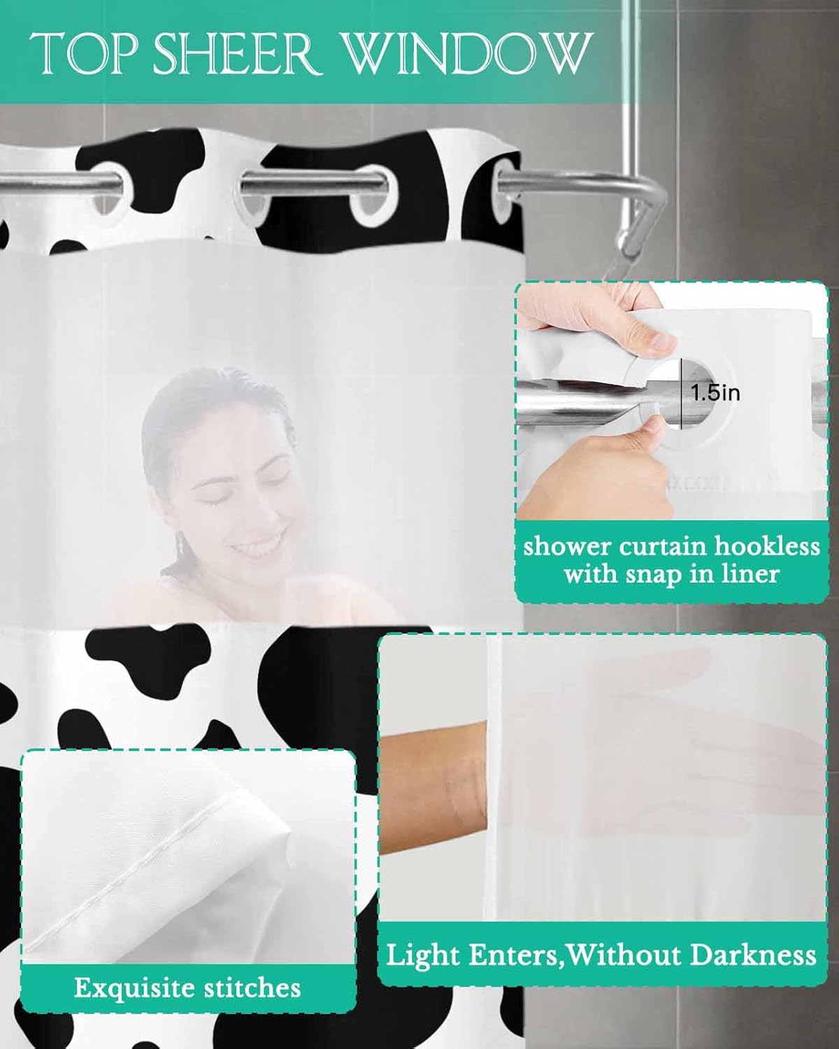 No Hook Cloth Fabric Shower Curtain with Snap in Liner, Black and White Waterproof Shower Curtains Set with See Through Top Window, Cow Print Animal Themed Bath Curtains Shower 36"x72"