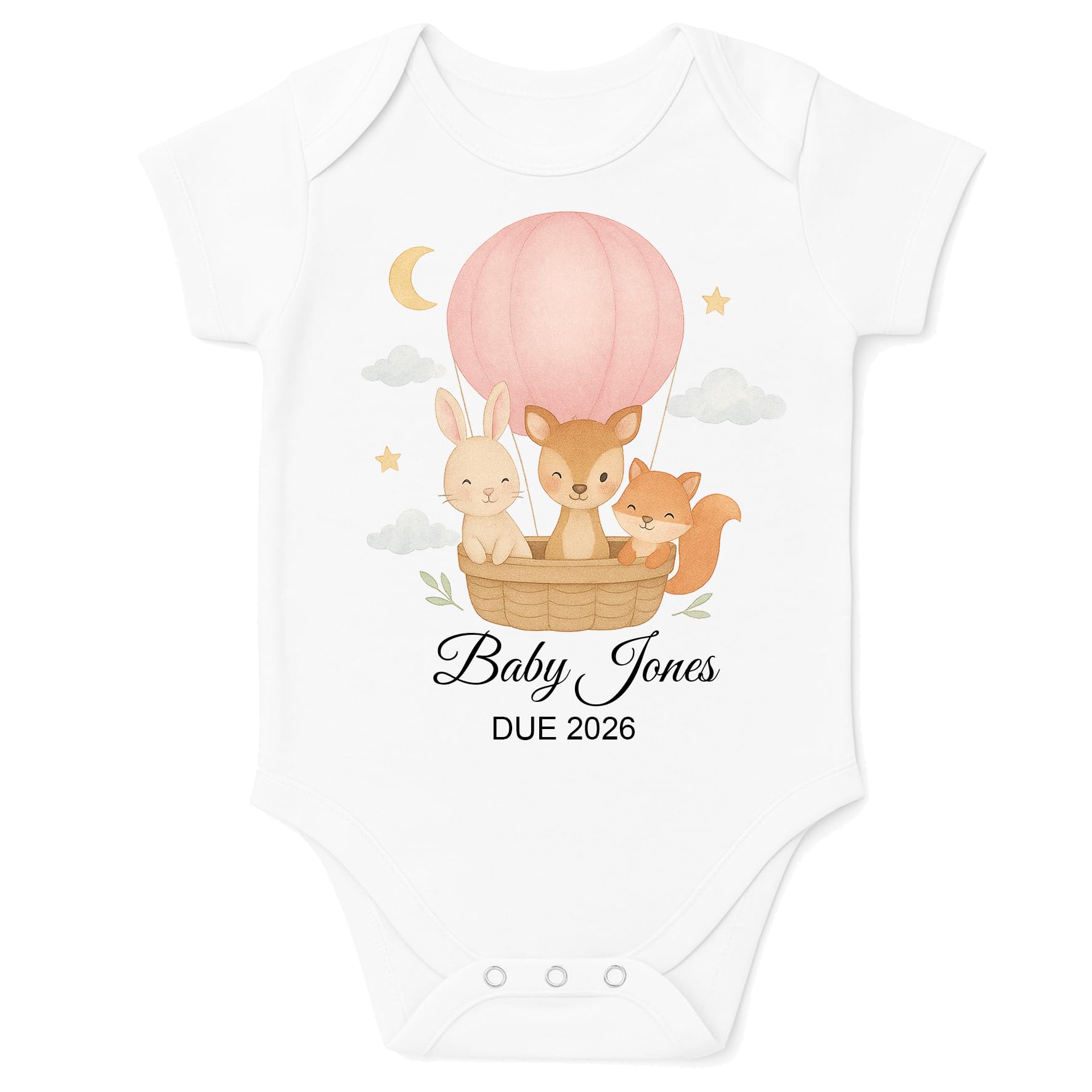 Personalised Baby Pregnancy Announcement Hot Air Balloon Bodysuit Vest (Pink, 3-6 Months)