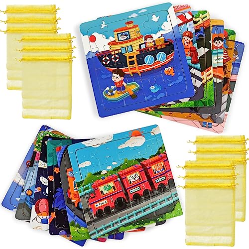 Vileafy 12 Pack Wooden Puzzles Party Favors for Kids Ages 3-5 Years Old with 12 Organza Bags as Goodie Bags, Mini Preschool Puzzles for Travel Games