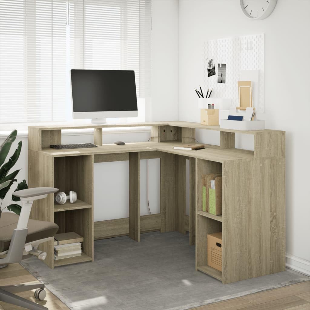 Homgoday Biurko z diodami LED, dębowe Sonoma 130 x 130 x 91 cm, z płyty wiórowej, meble biurka, półki, biurko komputerowe, biurko, biurko do gier, do pokoju dziecięcego
