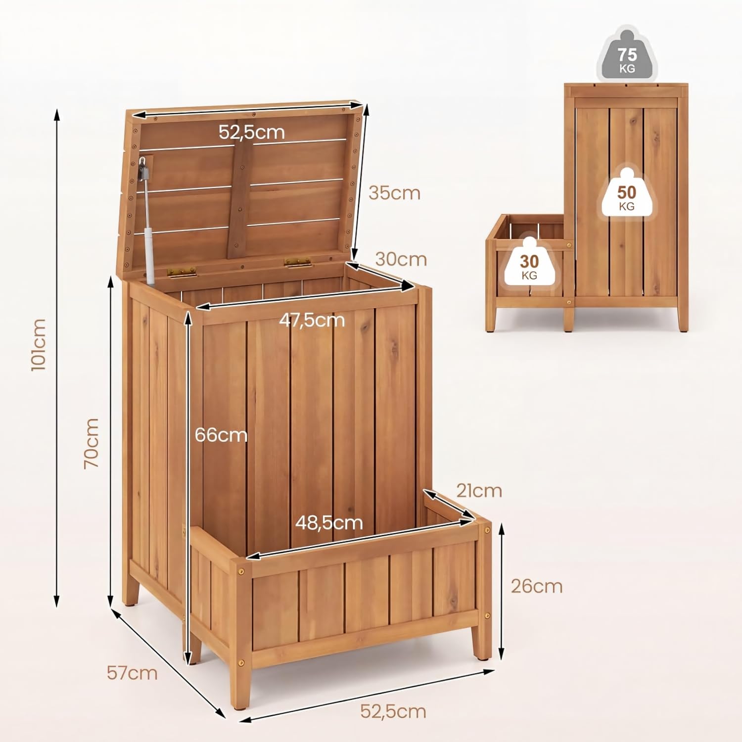 HOMASIS 2 en 1 Caja de Entrega de Paquetes con Jardinera | Baúl Almacenaje de Madera de Acacia con Tapa Abatible, Barra de Gas y Diseño de Listones, Arcón Exterior