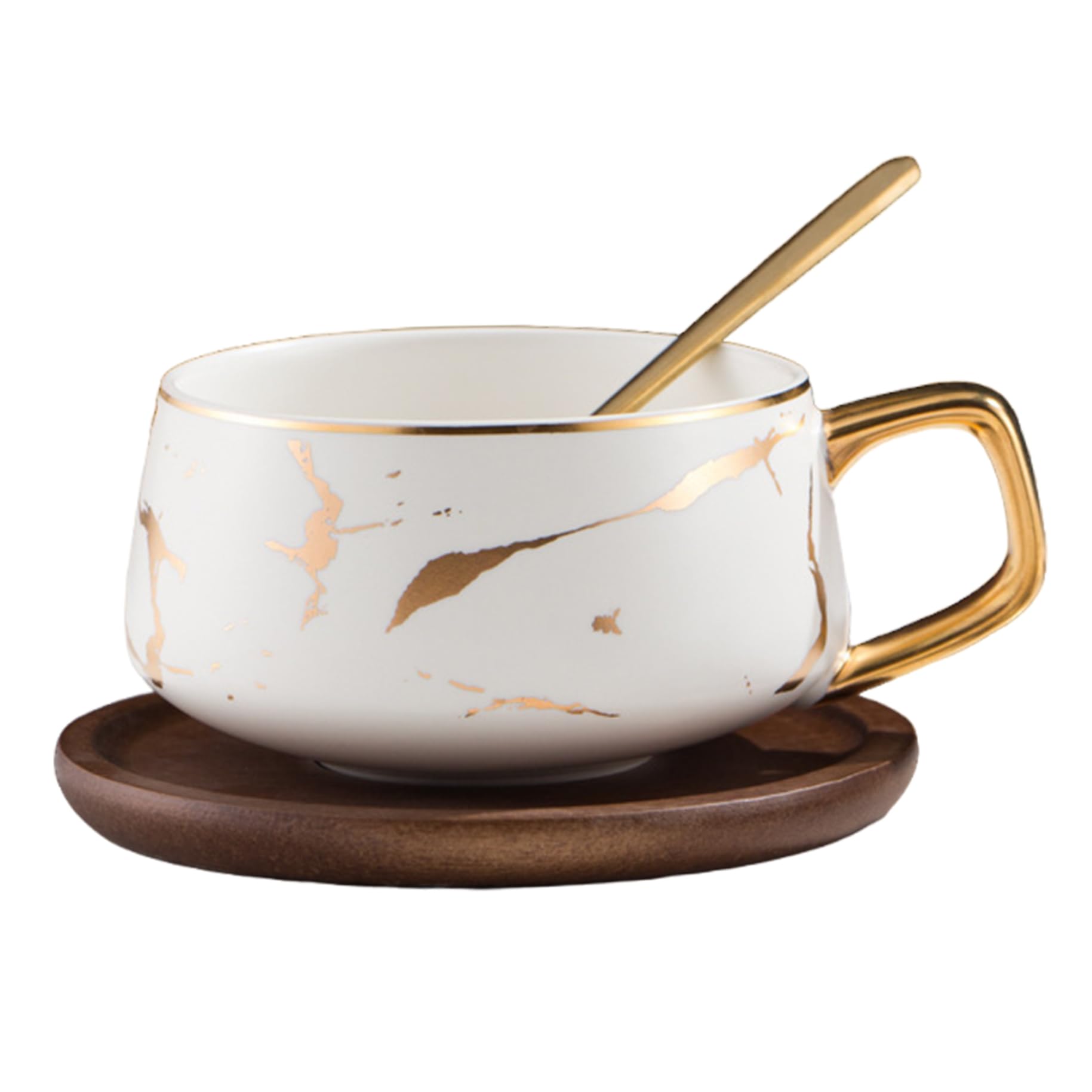 Xoeryoy Coffee Mugs, 400ml Ceramic Coffee Mug with Wooden Saucer and Spoon, Marble Pattern Cups and Saucers for Home, Restaurant
