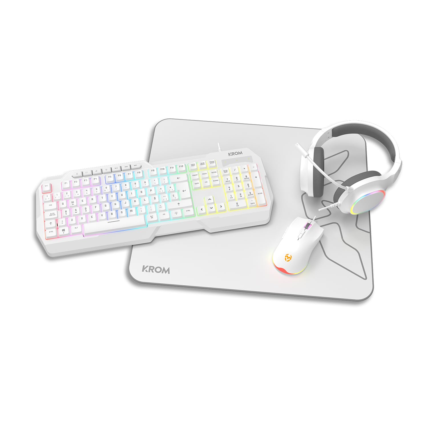 Pack Gaming Krom Kenta/ Teclado RGB + Ratón + Alfombrilla + Auriculares/ Blanco