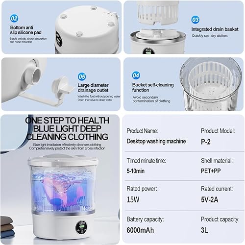 Miniatura 7 de Portable Washing Machine with 16000 RPM Spin Dry & Drain Hose, 3L Mini Washer with Blue Light Cleaning, Rechargeable Underwear Washer for Socks, LED