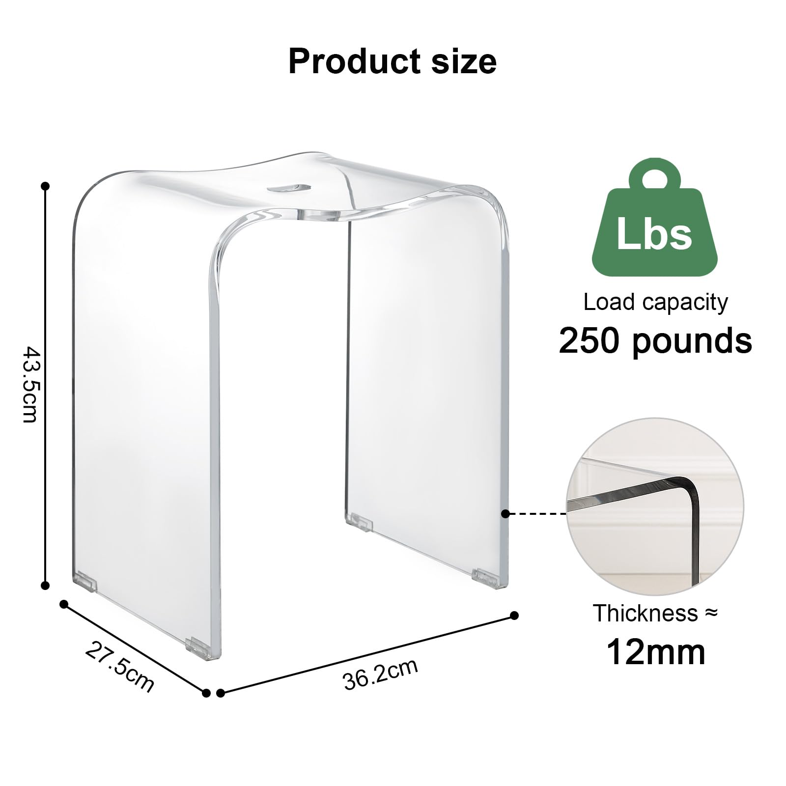 Transparenter Duschhocker aus Acryl – Rückenlehnenloser, wasserfester Acrylsitz mit Griffaussparung; belastbar bis 113 kg (250 lbs) tragbarer Tritthocker für die Badewanne