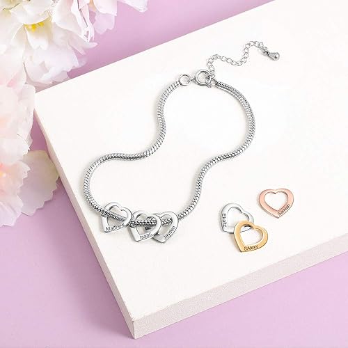 Miniatura 3 de KAULULU - Pulsera de tobillo con corazones, grabado personalizable de 2 a 5 nombres, para el verano en la playa, ajustable, mide 9.85 + 2 pulgadas,