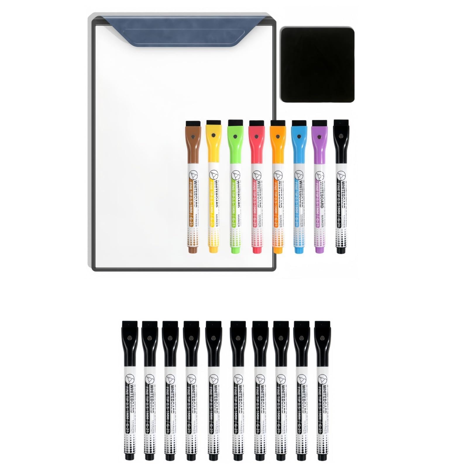 0.5mm Ultra Fine Tip Dry Erase Markers + A4 Magnetic Whiteboard Folder Set, 18 PCS Whiteboard Markers with Magnetic Eraser for Office Teaching Drafts Fridge Sticky Notes