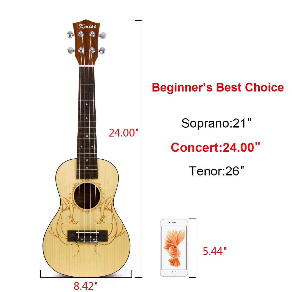 Concert Ukulele,Kmise Solid Spruce Ukelele 23 inch 4 String Hawaii Guitar Uke with Bag and Digital Tuner - Image 8