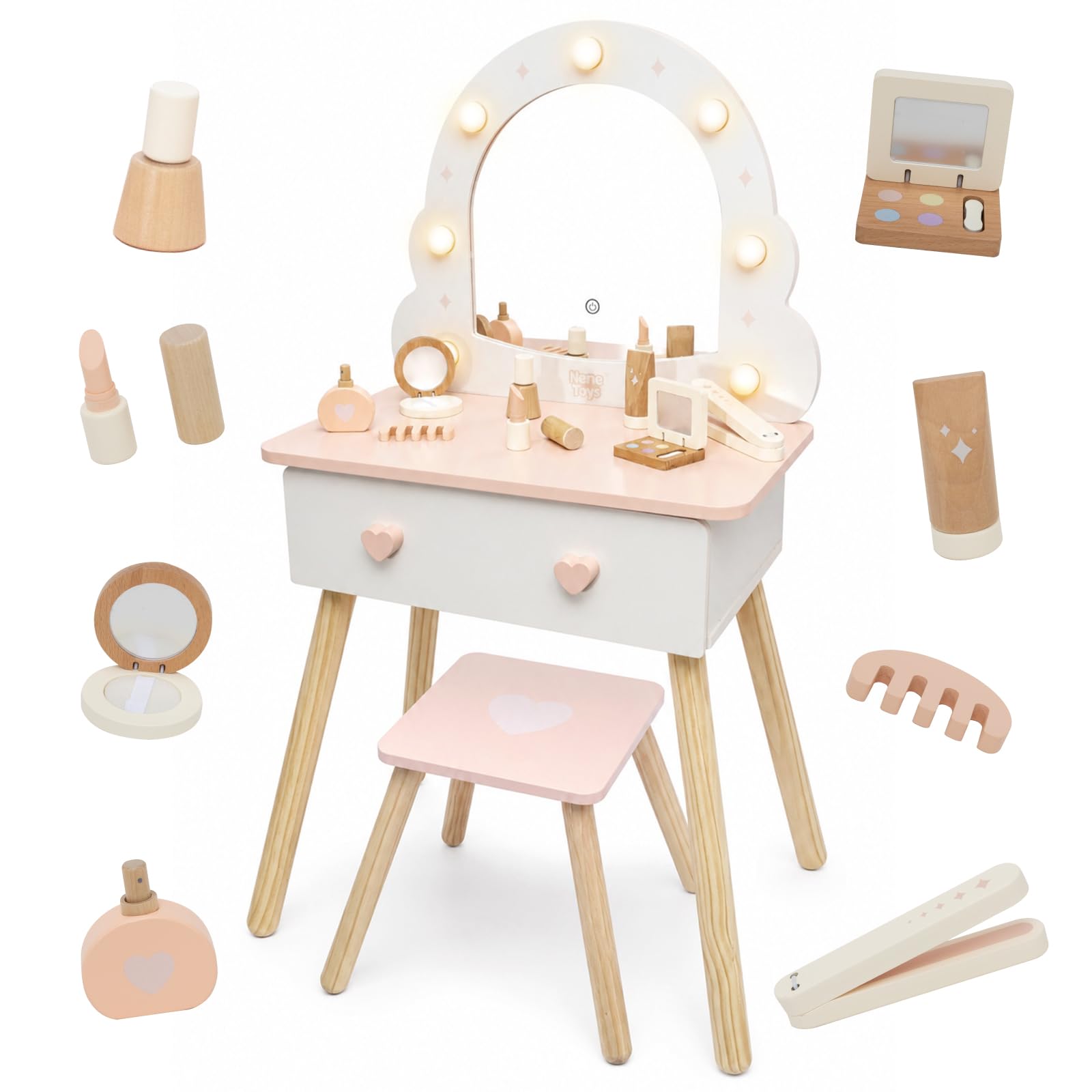 Nene Toys Toeletta Trucco Bambina con Specchio Illuminato e Sgabello, Specchiera Trucco Bambina in Legno, Postazione Trucco con 3 Modalità di Luce, Cassetto, Accessori, Regalo 3+ Anni