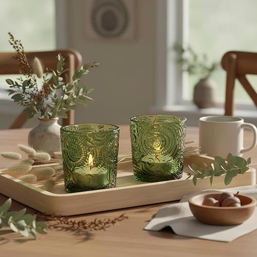 6 Pack Patented Sun Moon Star Embossed Glass Tea Light Candle Holders - Unique Votive Candle Holders for Wedding, Party, and Table Centerpieces (Moss Green)