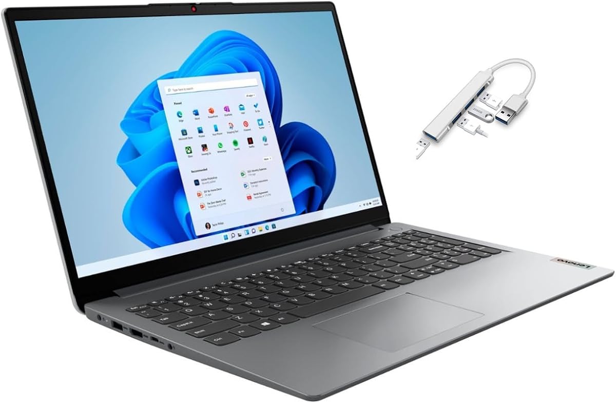 Ideapad 1 15.6" HD Laptop | AMD Athlon Silver 7120U Processor | 4GB RAM DDR5| 128GB SSD | AMD Radeon Graphics | Windows 11 Home | Grey | Bundle with USB 3.0 Hub