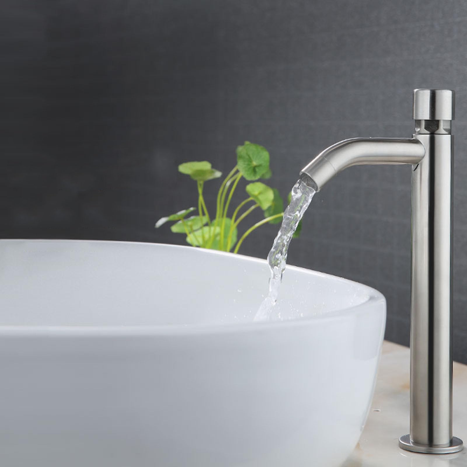 Grifo Lavabo Pulsador Agua Fria Cepillado Grifo de Baño Caño Alto Acero Inoxidable,Cepillado