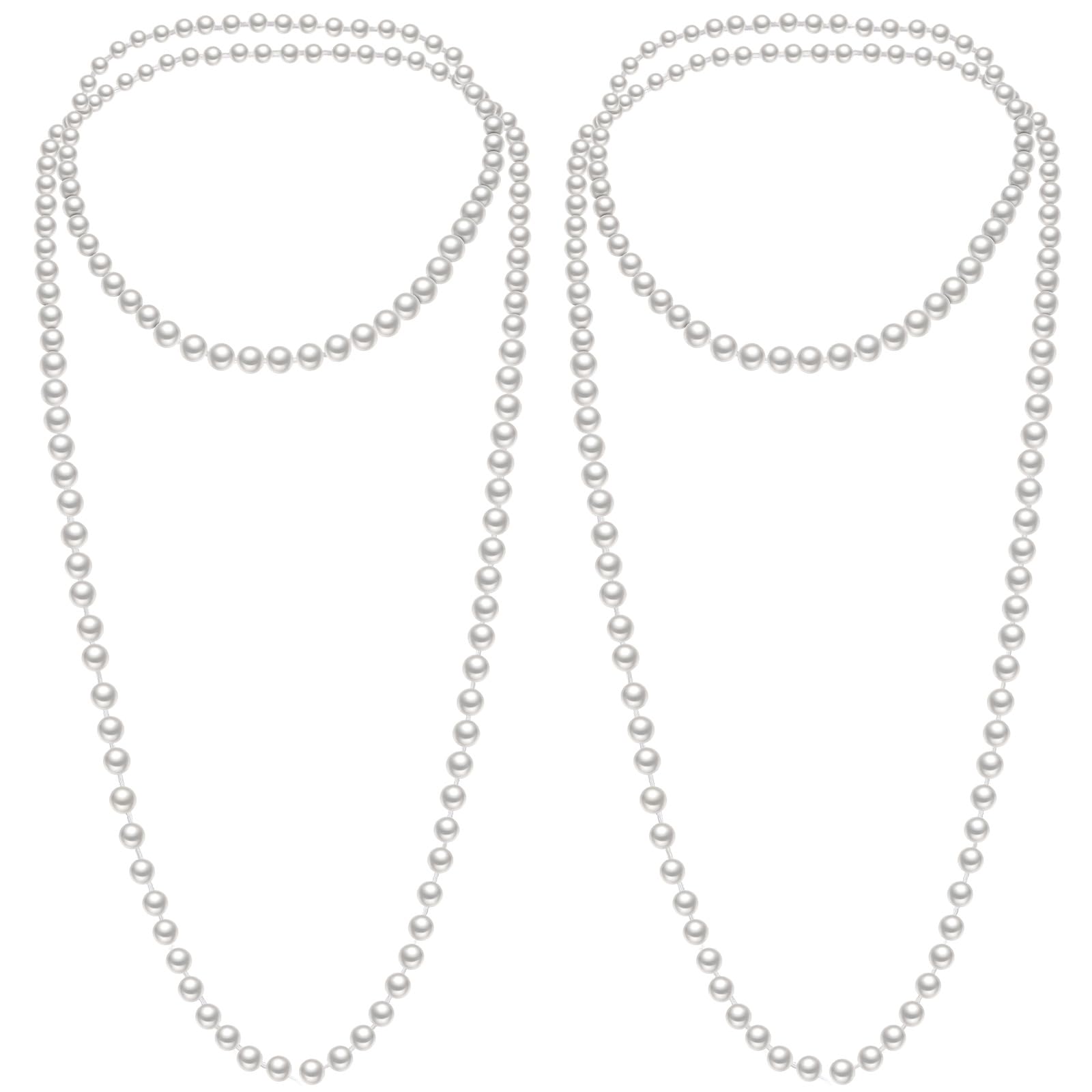2 Pack Long Pearl Necklace for Women 1920s Costume Jewelry White Faux Pearls Strand Beads for Ladies