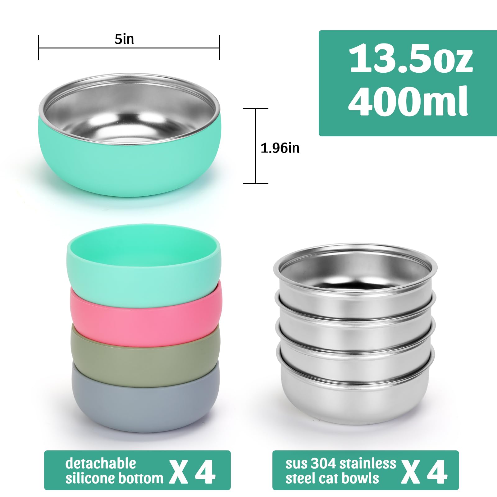 Ciotole per gatti in acciaio inox, con fondo in gomma, 12,7 cm di larghezza e poco profondo, adatte ai baffi, resistenti e antiscivolo, piccole ciotole per gatti da interno