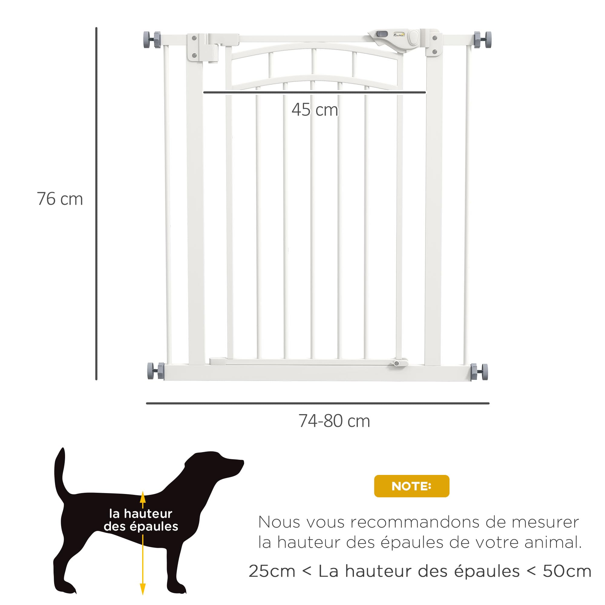 PawHut - Barrera de Seguridad para Perro Extensible (74-80 cm, Doble Cerradura, Cierre automático, Barrera de Escalera de fijación por presión sin Taladro, Altura 76 cm, Color Blanco | Doble bloqueo, cierre automático, barrera de escalera de fijación por