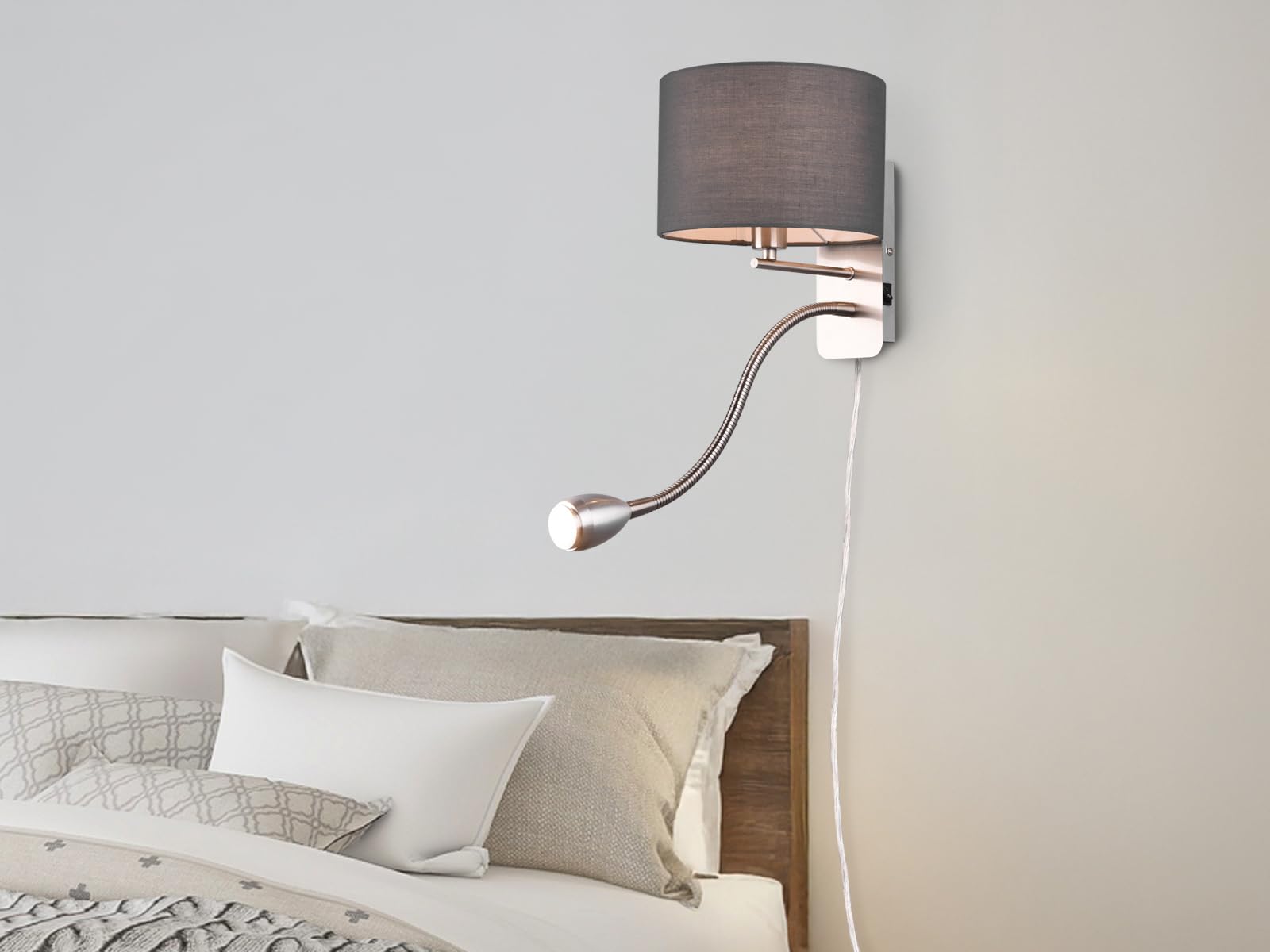 meineWunschleuchte Wandleuchte mit Leselampe, Schalter, Kabel und Stecker, Stoff Lampenschirm Grau, Korpus Metall Silber, Höhe 23,5cm inkl. stufenweise dimmbarem E14 Leuchtmittel