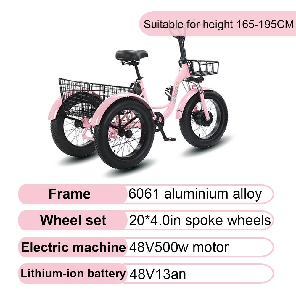 Tricycle électrique Adulte à Assistance électrique, pneus Tout-Terrain Larges 20 x 4, 2 paniers de Rangement, Selle réglable, Confort Optimal, Charge maximale 200 kg, vélo électrique à 3 Roues, Rose