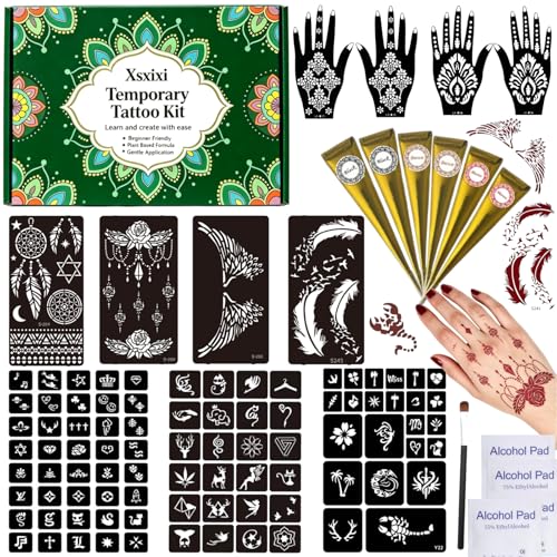 Temporary Stencils Tattoos Kit, 6 Pcs Tattoo Cones 3 Color (2 Black 2Brown 2Maroon) with Brush Tool,DIY Body Art Skin Painting Designs for Women Men Kids Party Gifts