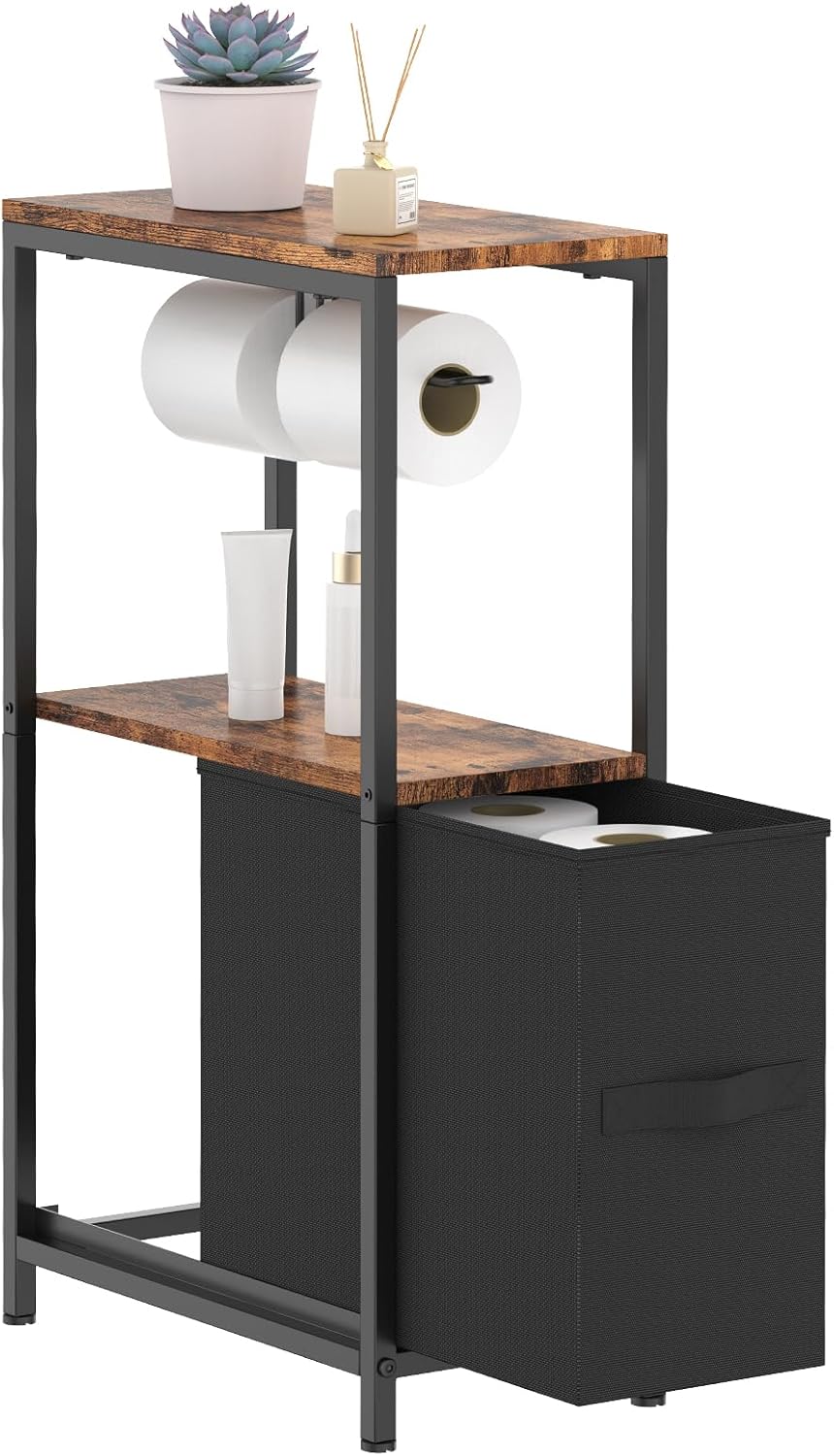 Toilet Paper Holder Stand with Drawer, Free Standing Toilet Paper Holder, Standing Small Bathroom Storage Cabinet, Slim Toilet Storage Cabinet for Small Space