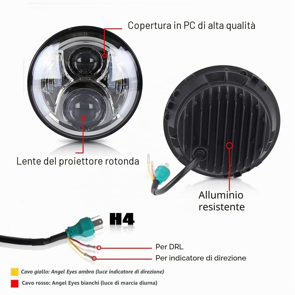 Faro rotondo a LED da 18 cm, 110 W, argento, luce bianca e gialla, indicatore di direzione, proiettore DRL (fari di circolazione diurna), con anelli, 2 pezzi, alogeni