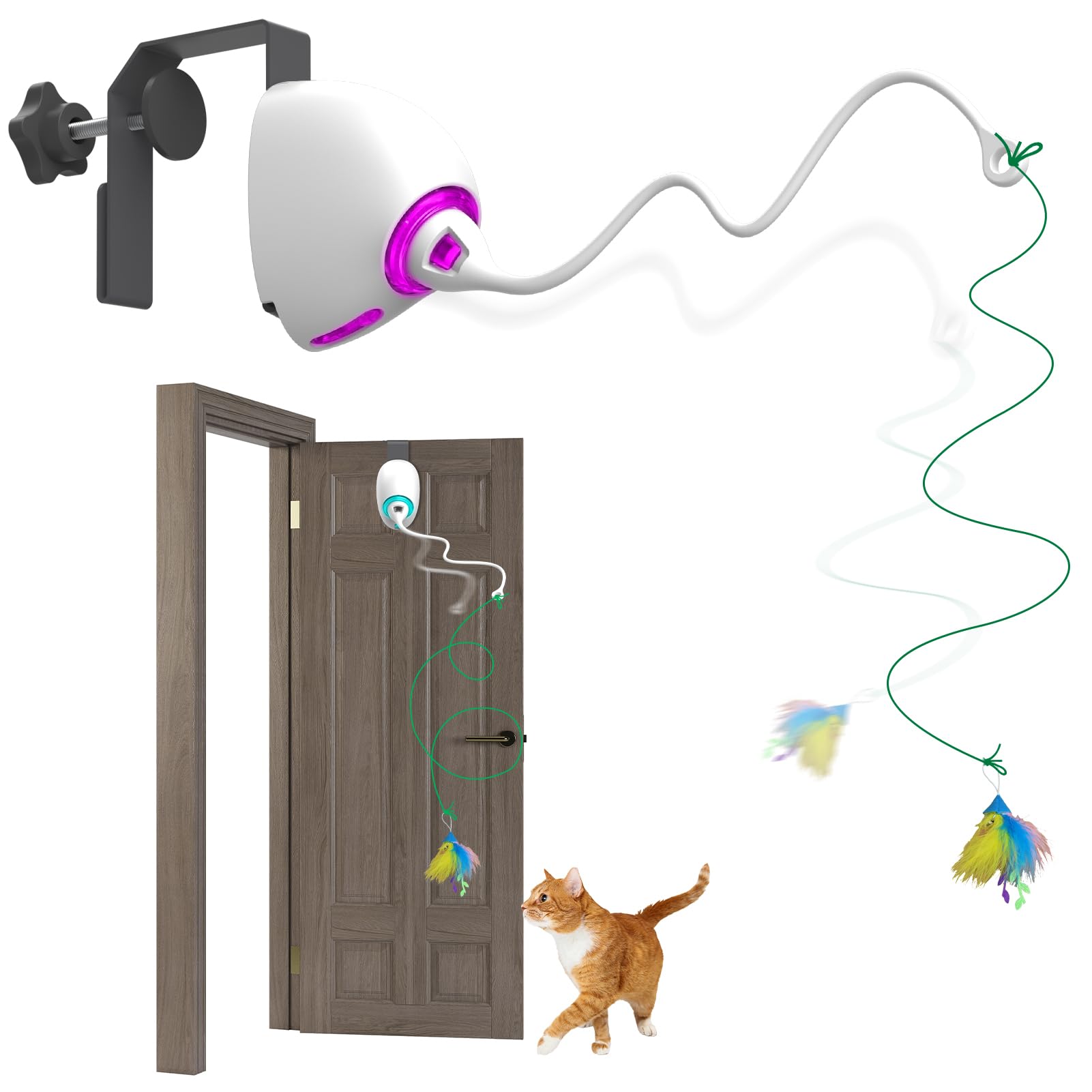 Mdupw Cat Toy Feather and Mylar Crinkle Balls for Indoor Cats, Rechargeable Door Hanging Retractable Kitten String Toys,Electronic Self Play Cat Teaser Toy